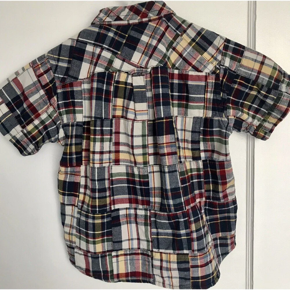 The Childrens Place Boys Madras Patchwork Short Sleeve Shirt Button Down Size 4T